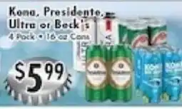 Ideal Food Basket Kona, Presidente, Ultra or Beck's offer