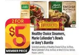 Bel Air Markets Healthy Choice Steamers, Marie Callender's Bowls or Amy's Burrito offer