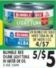 Pioneer Supermarkets Bumble Bee chunk light tuna in water or oil offer