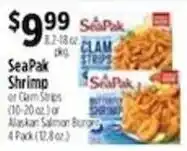 Pioneer Supermarkets Seapak shrimp or clam strips or alaskan salmon burgers offer