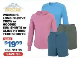 Big 5 Pacific Trail women's long-sleeve crew or hooded sun shirts or glide hybrid tech shorts offer