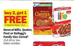 Meijer General Mills, Quaker, Post or Kellogg's Family Size Cereal offer