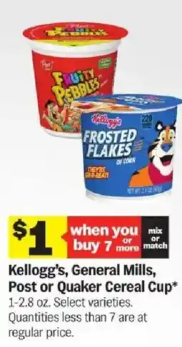 Meijer Kellogg's, General Mills, Post or Quaker Cereal Cup offer