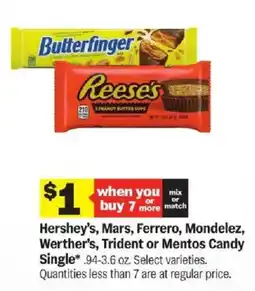 Meijer Hershey's, Mars, Ferrero, Mondelez, Werther's, Trident or Mentos Candy Single offer