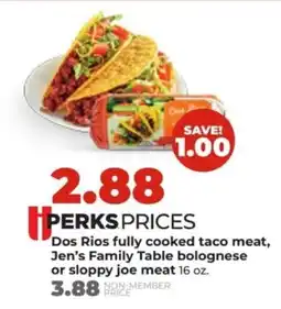 Hy-Vee Dos Rios fully cooked taco meat, Jen's Family Table bolognese or sloppy joe meat offer