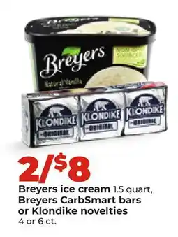 Hy-Vee Breyers Ice Cream, 1.5 Quart, Breyers CarbSmart Bars or Klondike Novelties offer