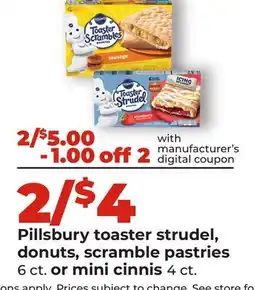 Hy-Vee Pillsbury toaster strudel, donuts, scramble pastries 6 ct. or mini cinnis 4 ct offer