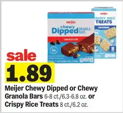 Meijer Meijer Chewy Dipped or Chewy Granola Bars 6-8 ct./6.3-6.8 oz. or Crispy Rice Treats 8 ct./6.2 oz offer