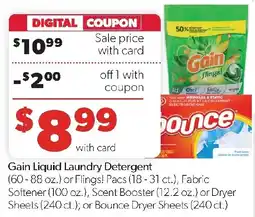 Family Fresh Market Gain Liquid Laundry Detergent or Flings! Pacs or Fabric Softener or Scent Booster or Dryer Sheets or Bounce Dryer Sheets offer