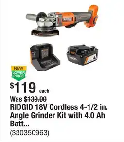 The Home Depot RIDGID 18V Cordless 4-1/2 in. Angle Grinder Kit with 4.0 Ah Battery and Charger offer