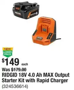 The Home Depot Ridgid 18v 4.0 Ah Max Output Starter Kit with Rapid Charger offer