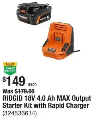 Ridgid 18v 4.0 Ah Max Output Starter Kit with Rapid Charger