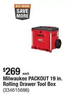 The Home Depot Milwaukee packout 19 in. rolling drawer tool box offer