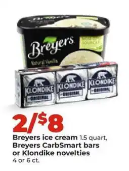 Hy-Vee Breyers ice cream, Breyers CarbSmart bars or Klondike novelties offer
