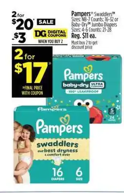 Dollar General Pampers Swaddlers or Baby-Dry Jumbo Diapers offer