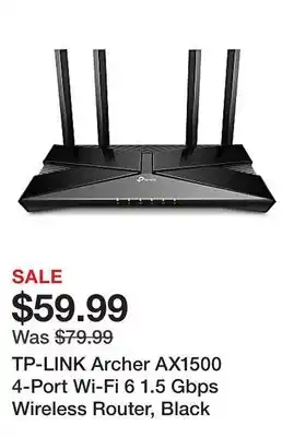 Office Depot TP-LINK Archer AX1500 4-Port Wi-Fi 6 1.5 Gbps Wireless Router, Black offer