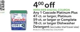 Publix Cascade Platinum Plus Dishwasher Detergent offer
