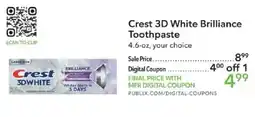 Publix Crest 3D White Brilliance Toothpaste offer