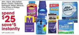 Giant Eagle Afrin, Aleve, Alka Seltzer, Bayer, Claritin, Flinstones, Iberogast, Midol, MiraLax, One A Day or Phillips selected varieties offer