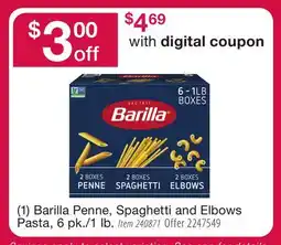 BJ’s (1) Barilla Penne, Spaghetti and Elbows Pasta, 6 pk./1 lb offer