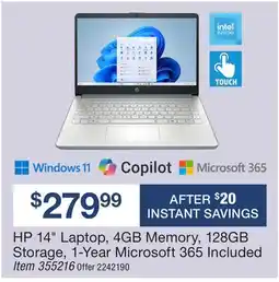 BJ’s HP 14 Laptop, 4GB Memory, 128GB Storage, 1-Year Microsoft 365 Included offer