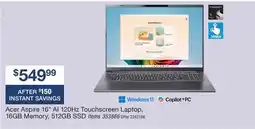 BJ’s Acer Aspire 16 AI 120Hz Touchscreen Laptop, 16GB Memory, 512GB SSD offer