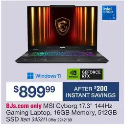 BJ’s MSI Cyborg 17.3 144Hz Gaming Laptop, 16GB Memory, 512GB SSD offer