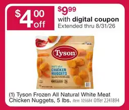 BJ’s Tyson Frozen All Natural White Meat Chicken Nuggets offer