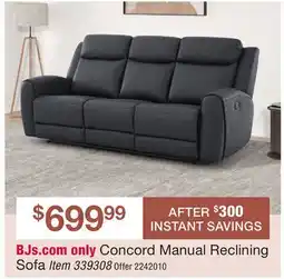 BJ’s Concord Manual Reclining Sofa offer
