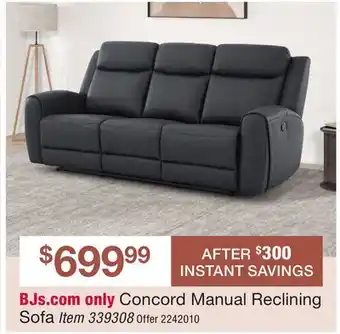 BJ’s Concord Manual Reclining Sofa offer