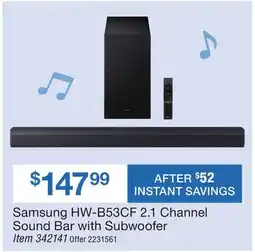 BJ’s Samsung HW-B53CF 2.1 Channel Sound Bar with Subwoofer offer