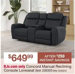 BJ’s Concord Manual Reclining Console Loveseat offer