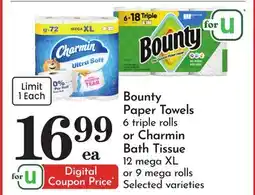 Pavilions Bounty Paper Towels 6 triple rolls or Charmin Bath Tissue 12 mega XL or 9 mega rolls offer