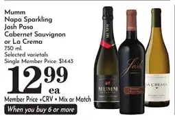 Pavilions Mumm Napa Sparkling Josh Paso Cabernet Sauvignon or La Crema offer