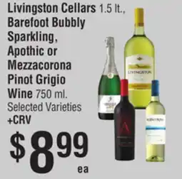 Smart & Final Livingston Cellars 1.5 lt., Barefoot Bubbly Sparkling, Apothic or Mezzacorona Pinot Grigio offer