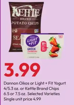 Stater Bros Dannon Oikos or Light + Fit Yogurt 4/5.3 oz. or Kettle Brand Chips 6.5 or 7.5 oz offer