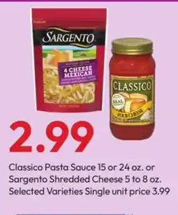 Stater Bros Classico Pasta Sauce 15 or 24 oz. or Sargento Shredded Cheese 5 to 8 oz offer