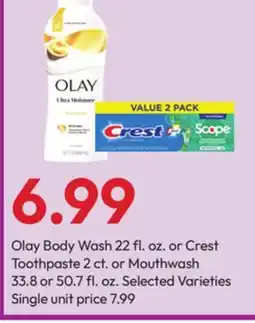 Stater Bros Olay Body Wash 22 fl. oz. or Crest Toothpaste 2 ct. or Mouthwash 33.8 or 50.7 fl. oz offer