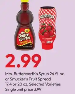 Stater Bros Mrs. Butterworth's Syrup or Smucker's Fruit Spread offer