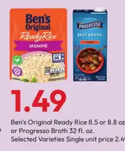 Stater Bros Ben's Original Ready Rice 8.5 or 8.8 oz or Progresso Broth 32 fl. oz offer