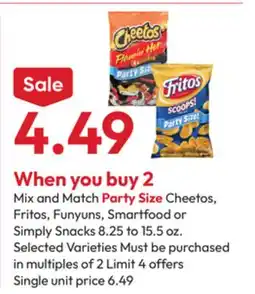 Stater Bros Party Size Cheetos, Fritos, Funyuns, Smartfood or Simply Snacks offer