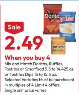 Stater Bros Doritos, Ruffles, Tostitos or Smartfood 5.5 to 14.425 oz. or Tostitos Dips 15 to 15.5 oz offer