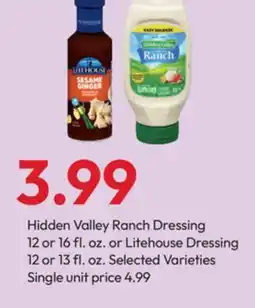 Stater Bros Hidden Valley Ranch Dressing 12 or 16 fl. oz. or Litehouse Dressing 12 or 13 fl. oz offer