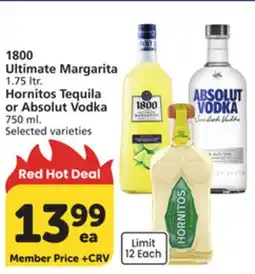 Albertsons 1800 Ultimate Margarita 1.75 ltr. Hornitos Tequila or Absolut Vodka 750 ml offer