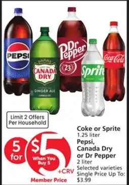 Albertsons Coke or Sprite 1.25 liter Pepsi, Canada Dry or Dr Pepper 2 liter offer