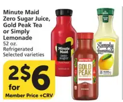 Vons Minute Maid Zero Sugar Juice, Gold Peak Tea or Simply Lemonade offer