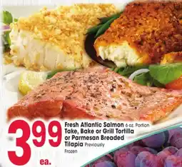 Jewel-Osco Fresh Atlantic Salmon 6 oz. Portion Take, Bake or Grill Tortilla or Parmesan Breaded Tilapia offer