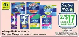 Jewel-Osco Always Pads 18-46 ct., or Tampax Tampons 30-36 ct offer