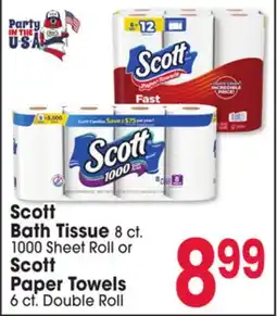 Jewel-Osco Scott Bath Tissue 8 ct. 1000 Sheet Roll or Scott Paper Towels 6 ct. Double Roll offer