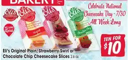 Jewel-Osco Eli's Original Plain, Strawberry Swirl or Chocolate Chip Cheesecake Slices offer